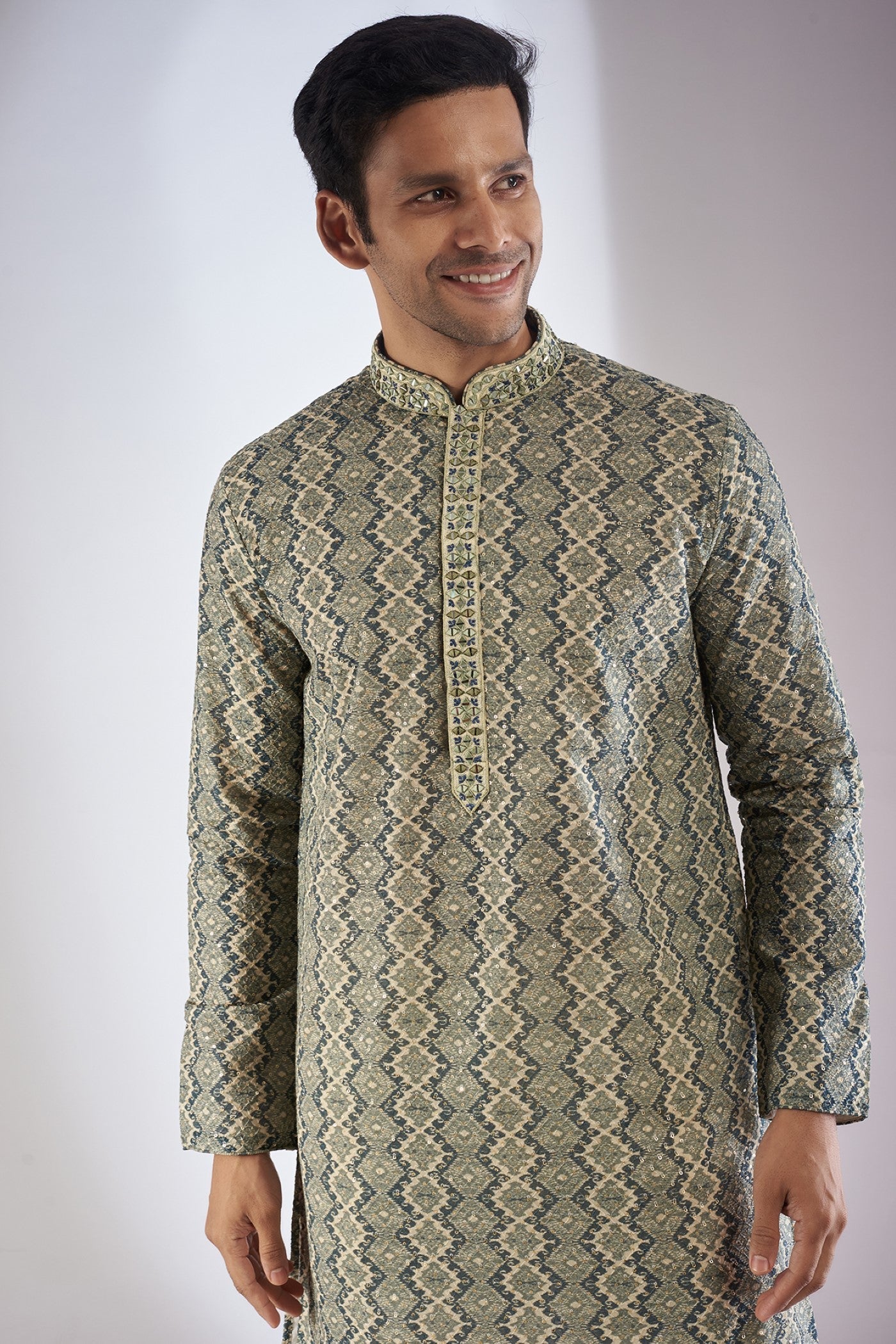 Green Silk Printed & Embroidered Kurta Set