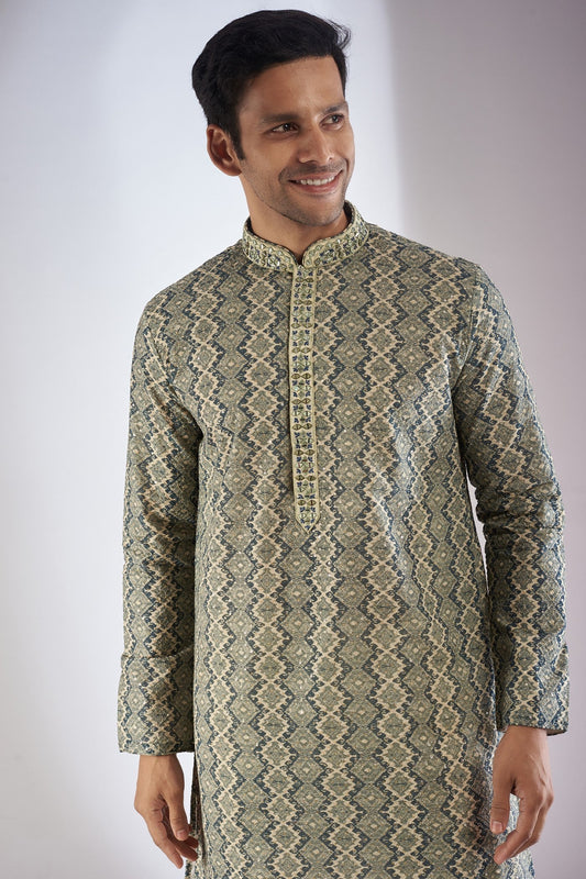 Green Silk Printed & Embroidered Kurta Set