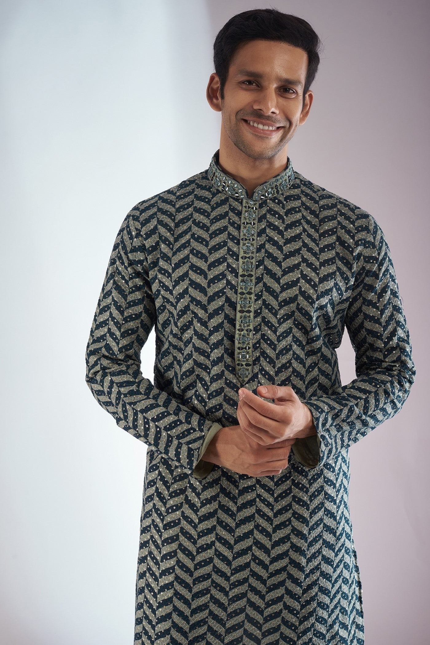 Blue Silk Printed & Embroidered Kurta Set