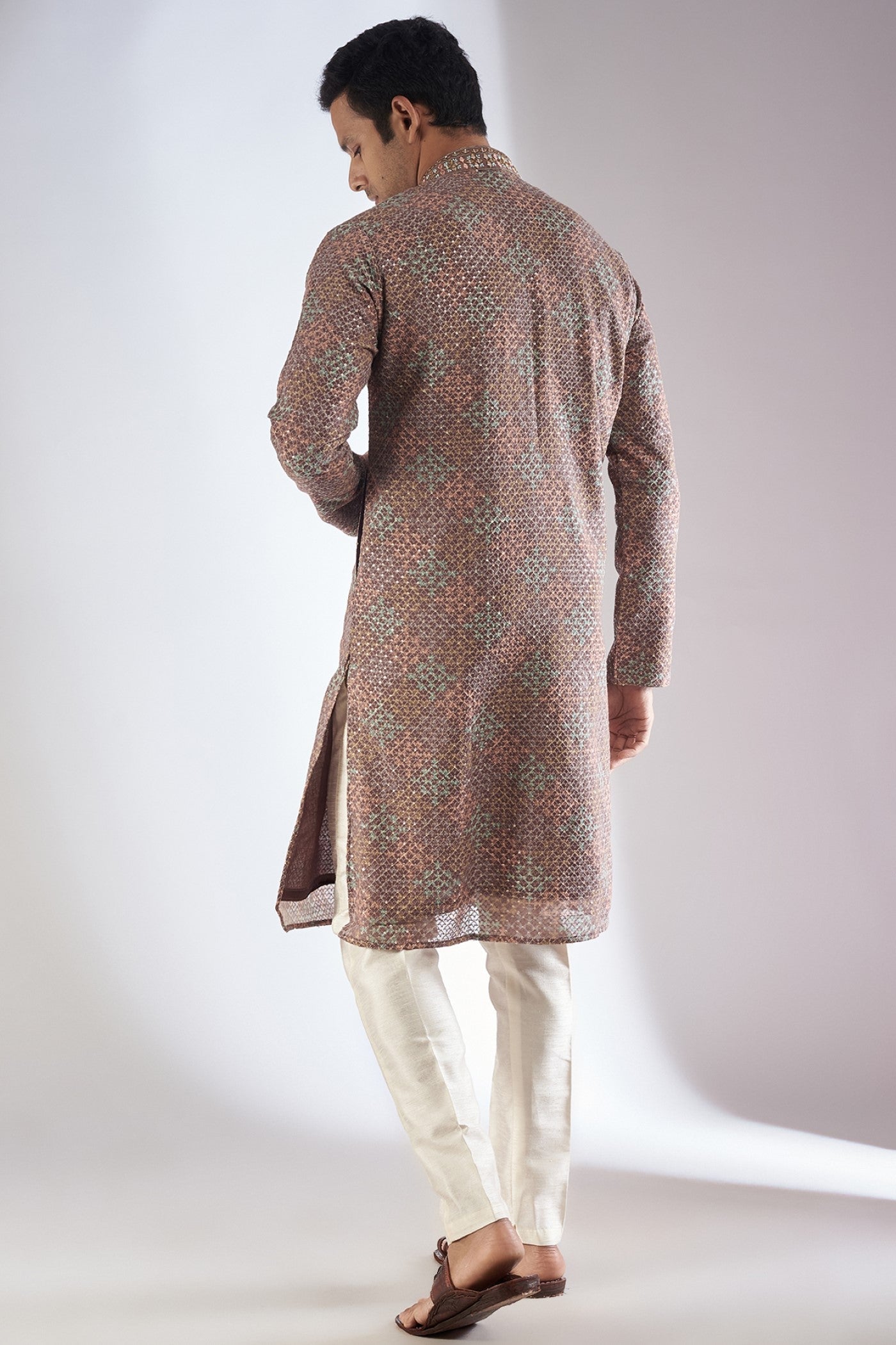 Brown Lucknowi Printed & Embroidered Kurta Set