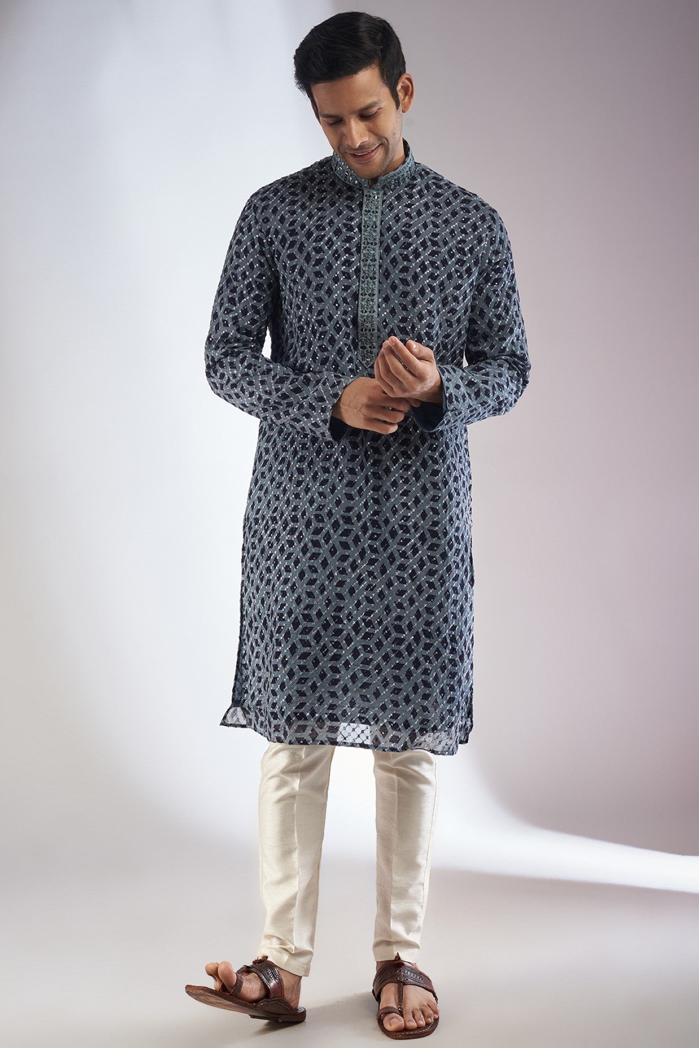 Grey Georgette Printed & Embroidered Kurta Set