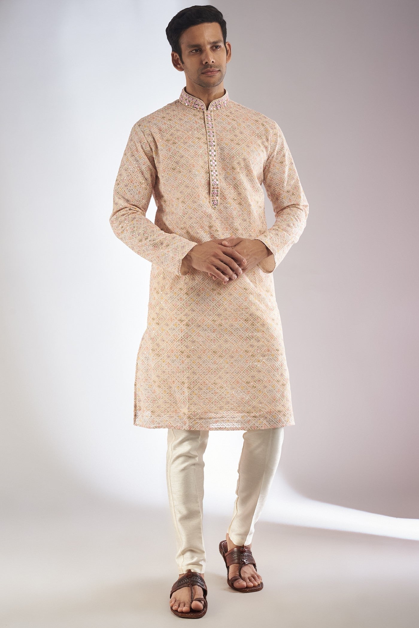 Peach Lucknowi Embroidered Kurta Set