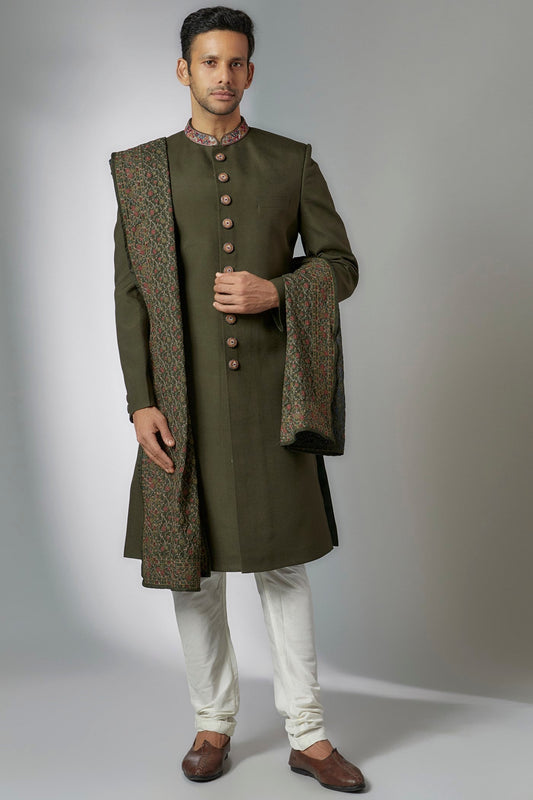 Green Suiting Sherwani Set