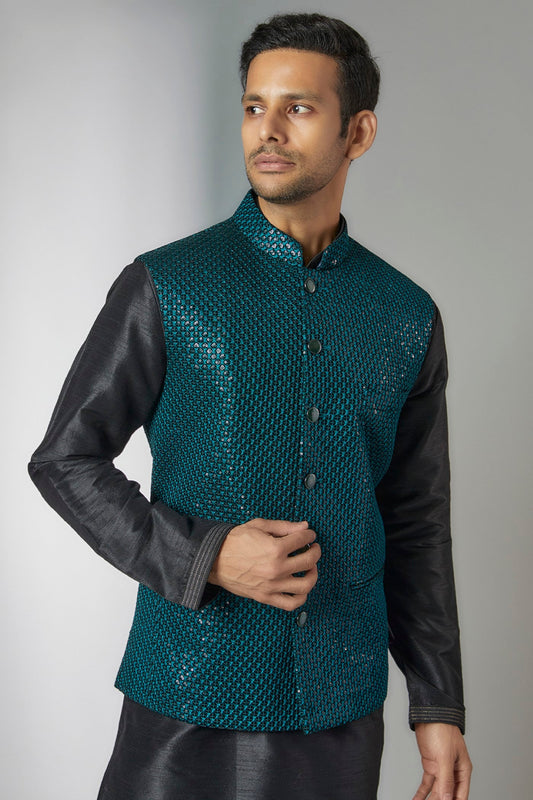 Teal Blue Velvet Embroidered Bundi Set