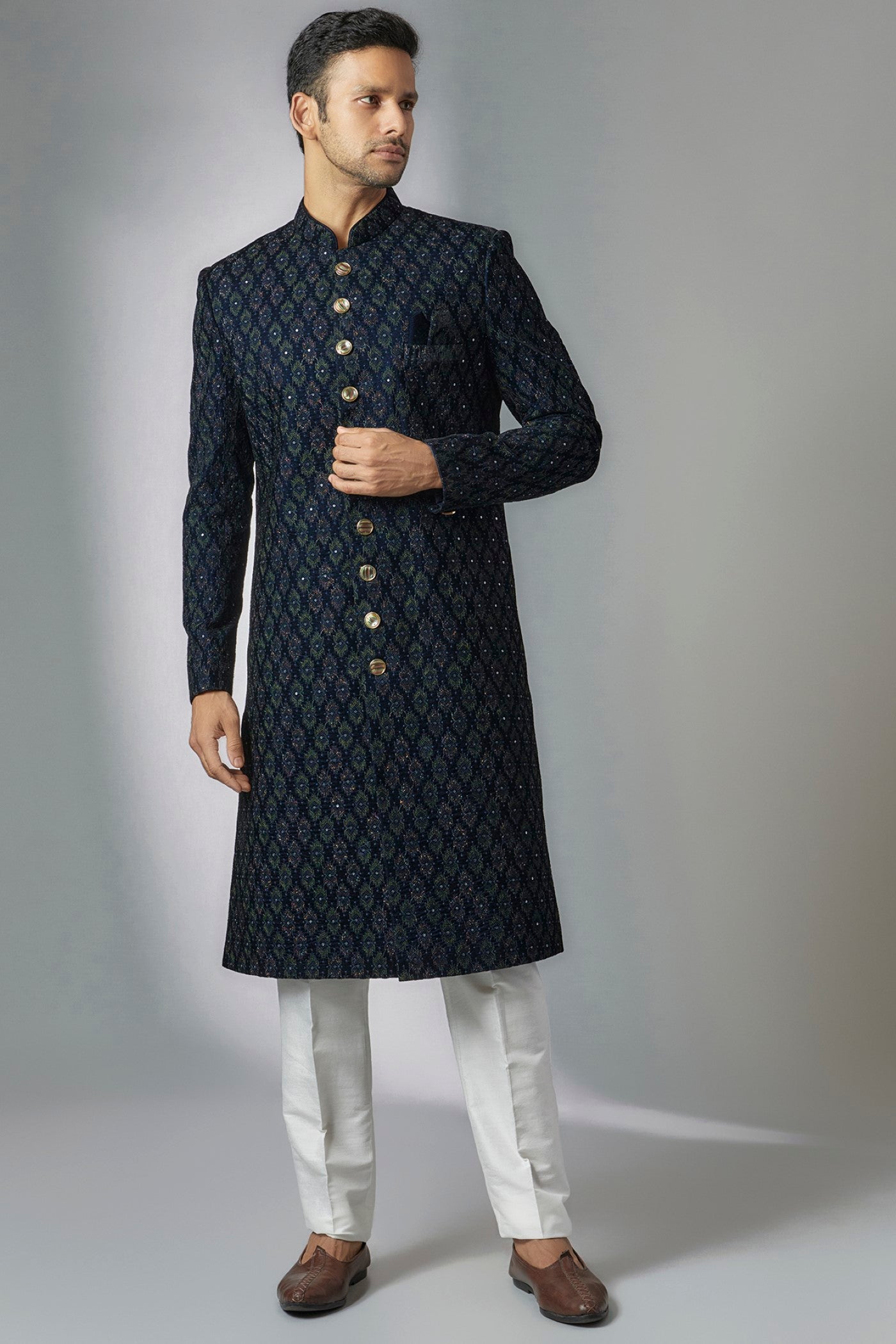 Blue Velvet Embroidered Sherwani Set