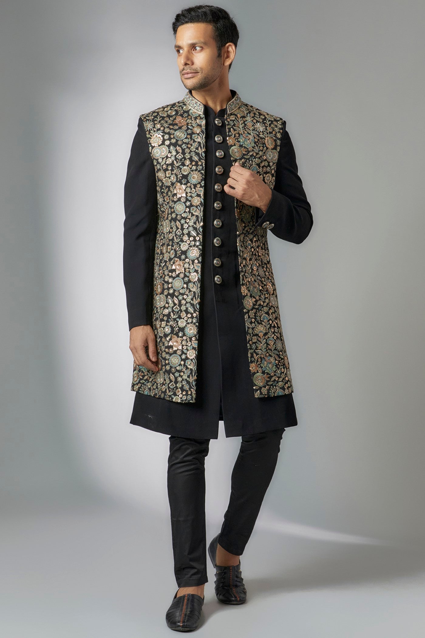 Black Georgette Embroidered Indowestern Set