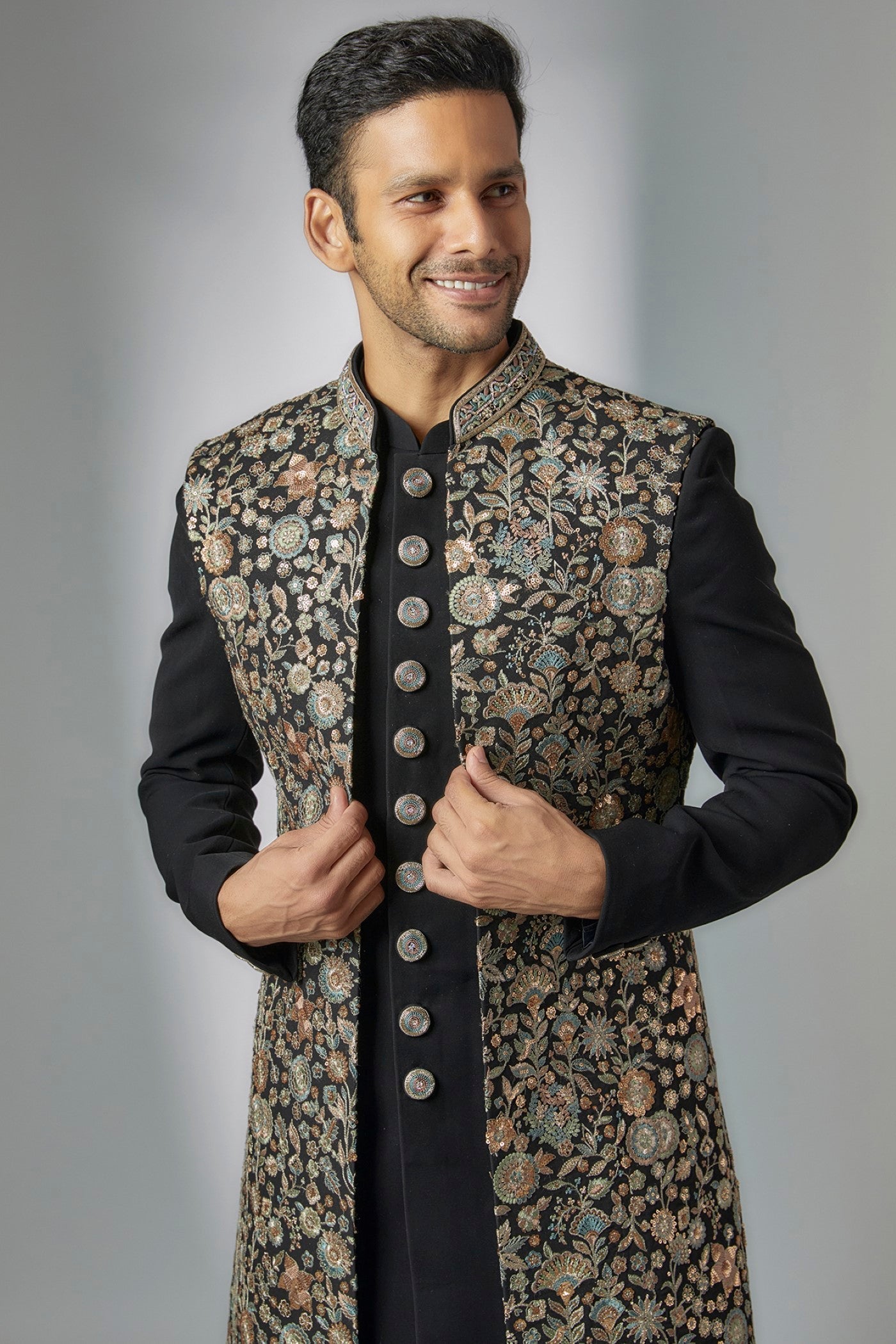Black Georgette Embroidered Indowestern Set
