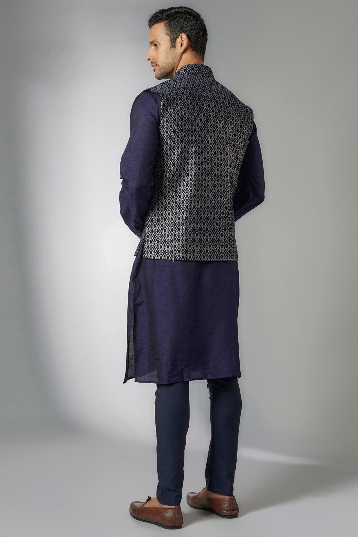 Blue Velvet Embroidered Bundi Jacket Set