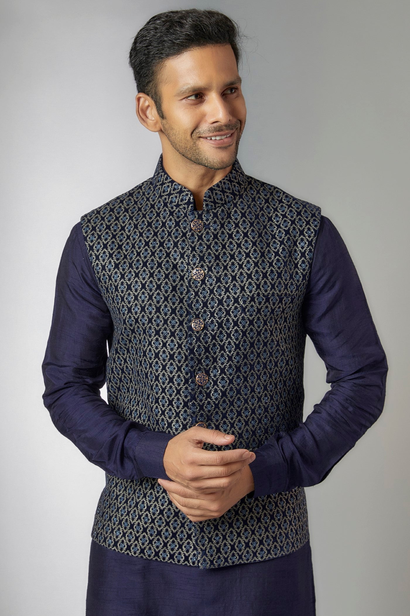 Blue Velvet Embroidered Bundi Jacket Set