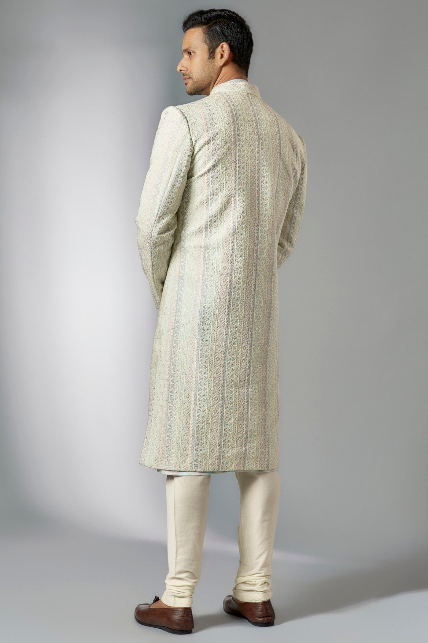 Pista Green Lucknowi Embroidered Indo Western Set