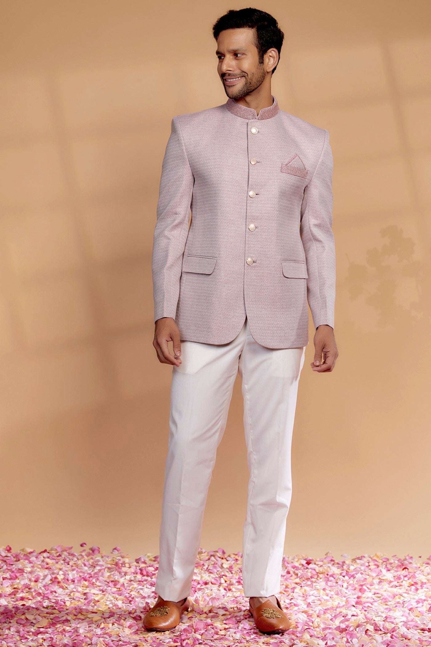 Powder Pink Raw Silk Bandhgala Set