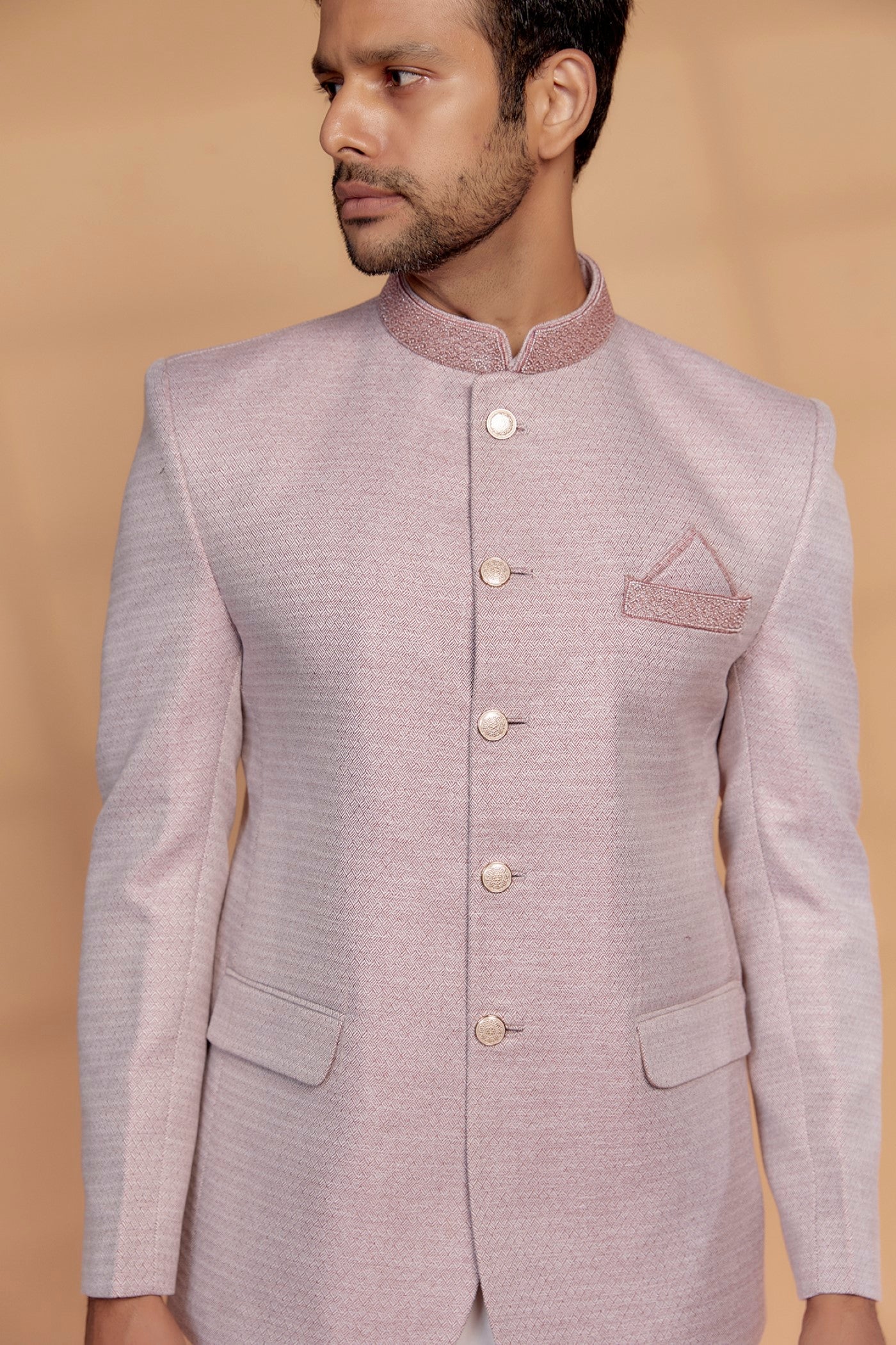Powder Pink Raw Silk Bandhgala Set