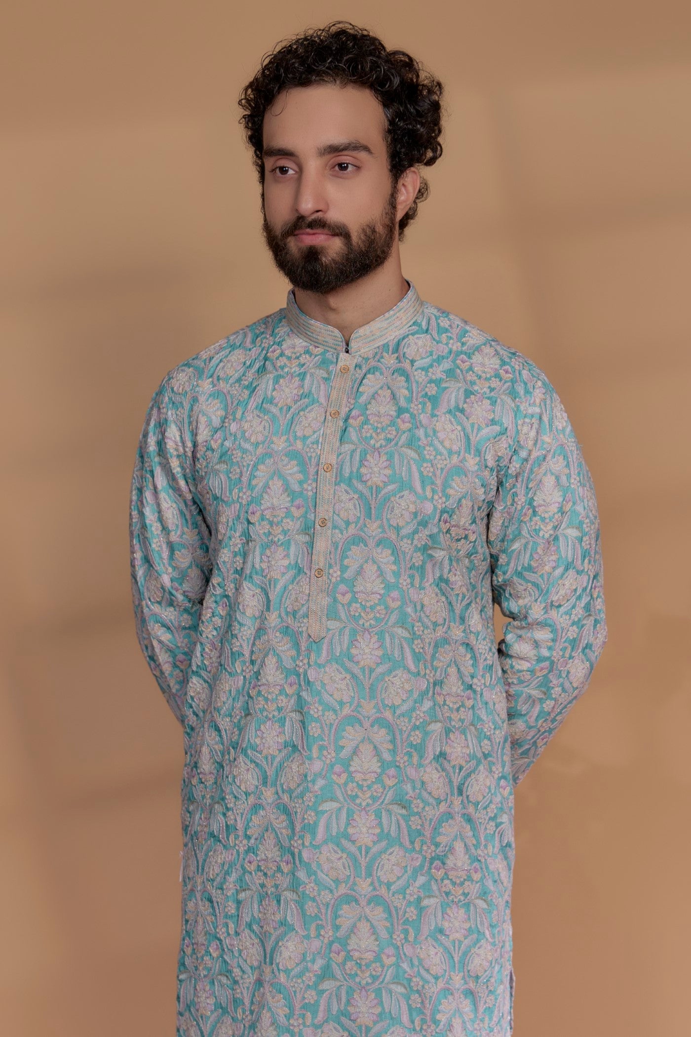 Sky Blue Banarasi Silk Floral Embroidered Kurta Set