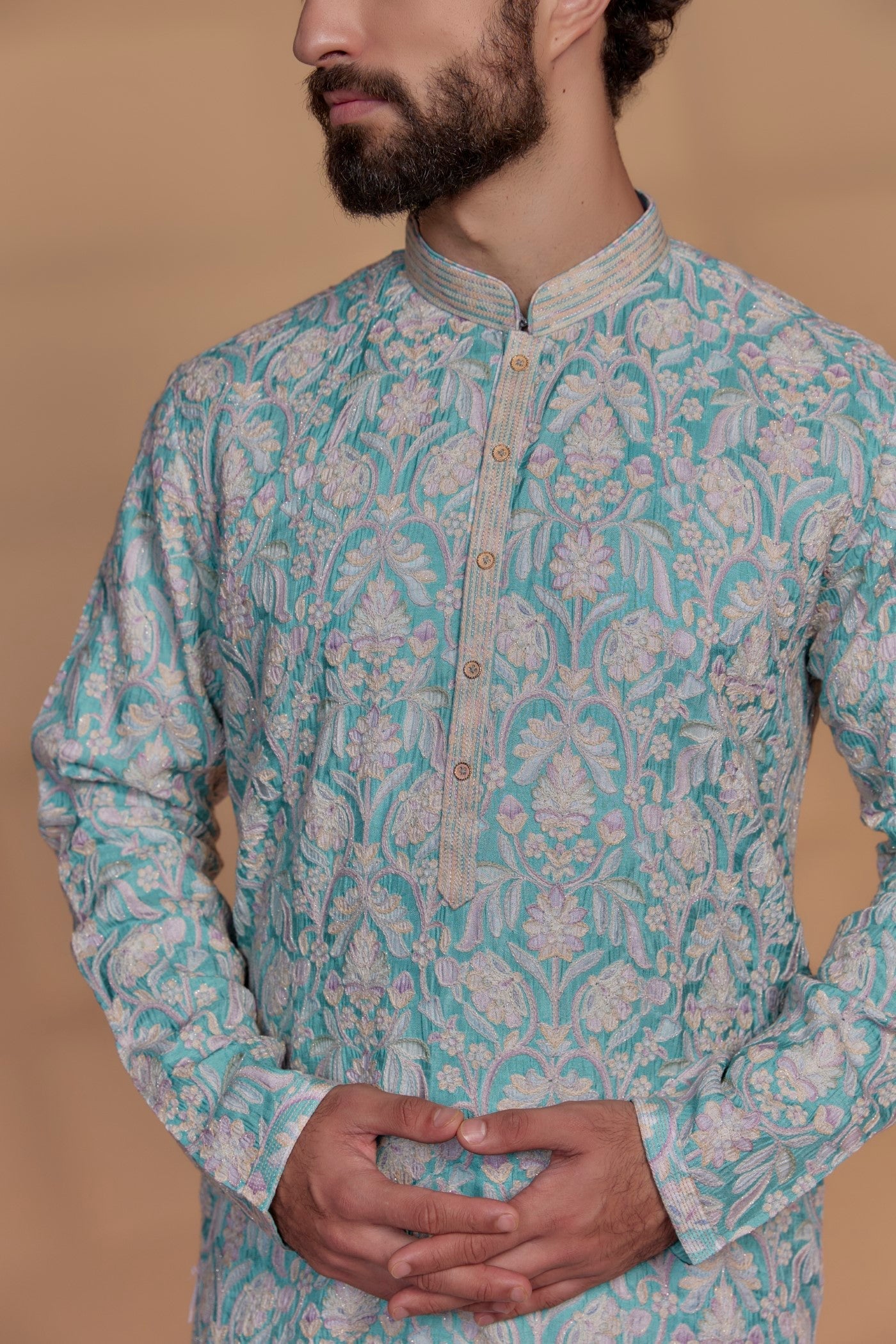 Sky Blue Banarasi Silk Floral Embroidered Kurta Set