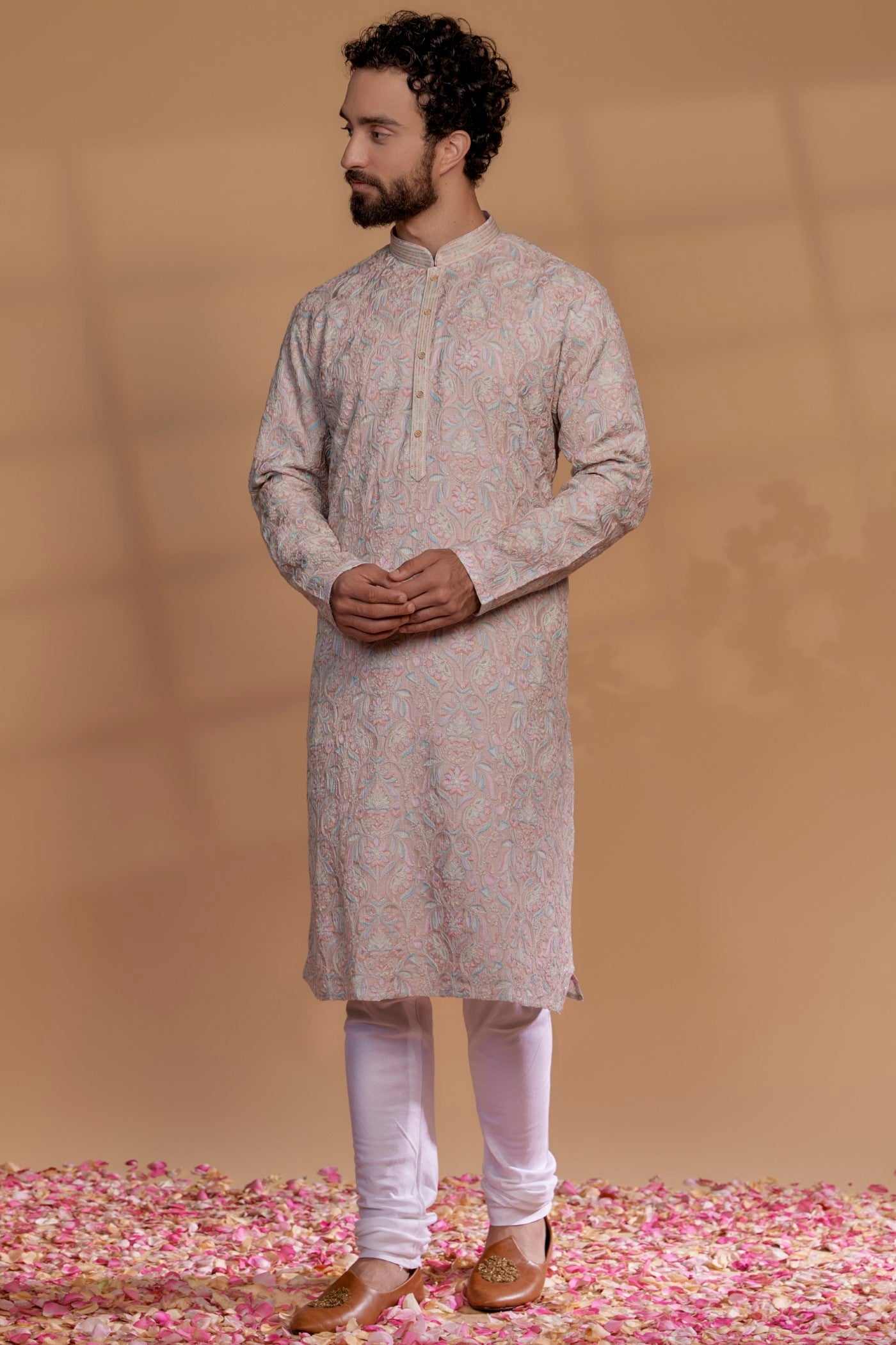 Nude Pink Banarasi Silk Floral Embroidered Kurta Set