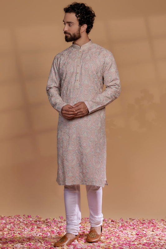 Nude Pink Banarasi Silk Floral Embroidered Kurta Set