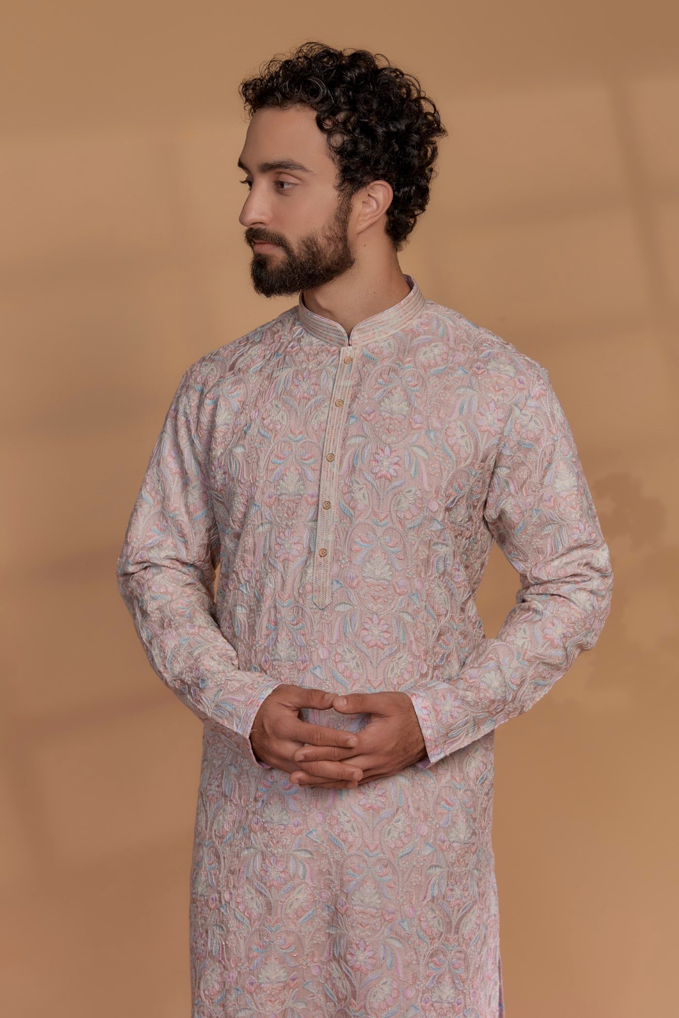 Nude Pink Banarasi Silk Floral Embroidered Kurta Set