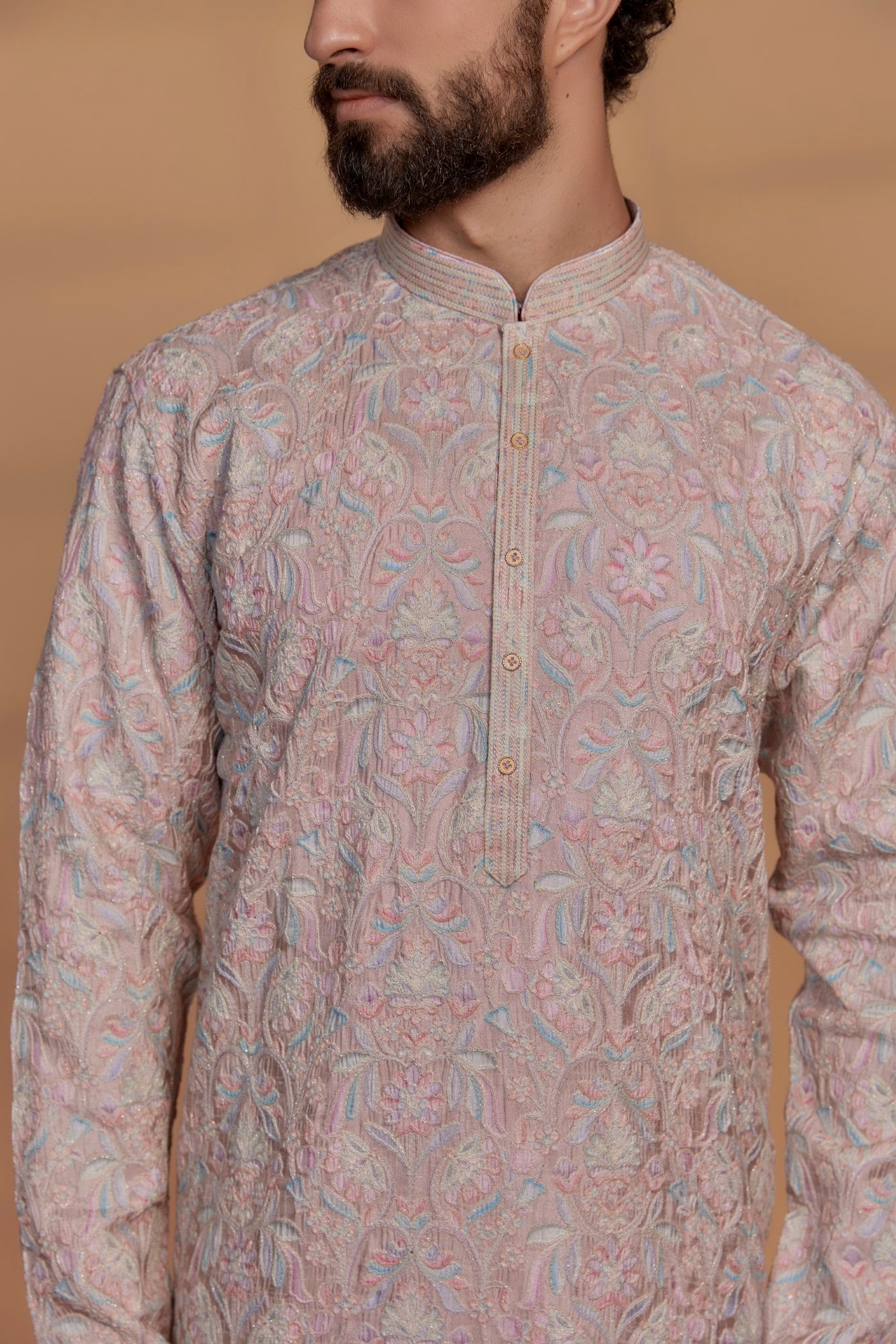 Nude Pink Banarasi Silk Floral Embroidered Kurta Set