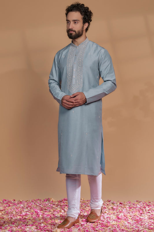 Sky Blue Silk Hand Embroidered Kurta