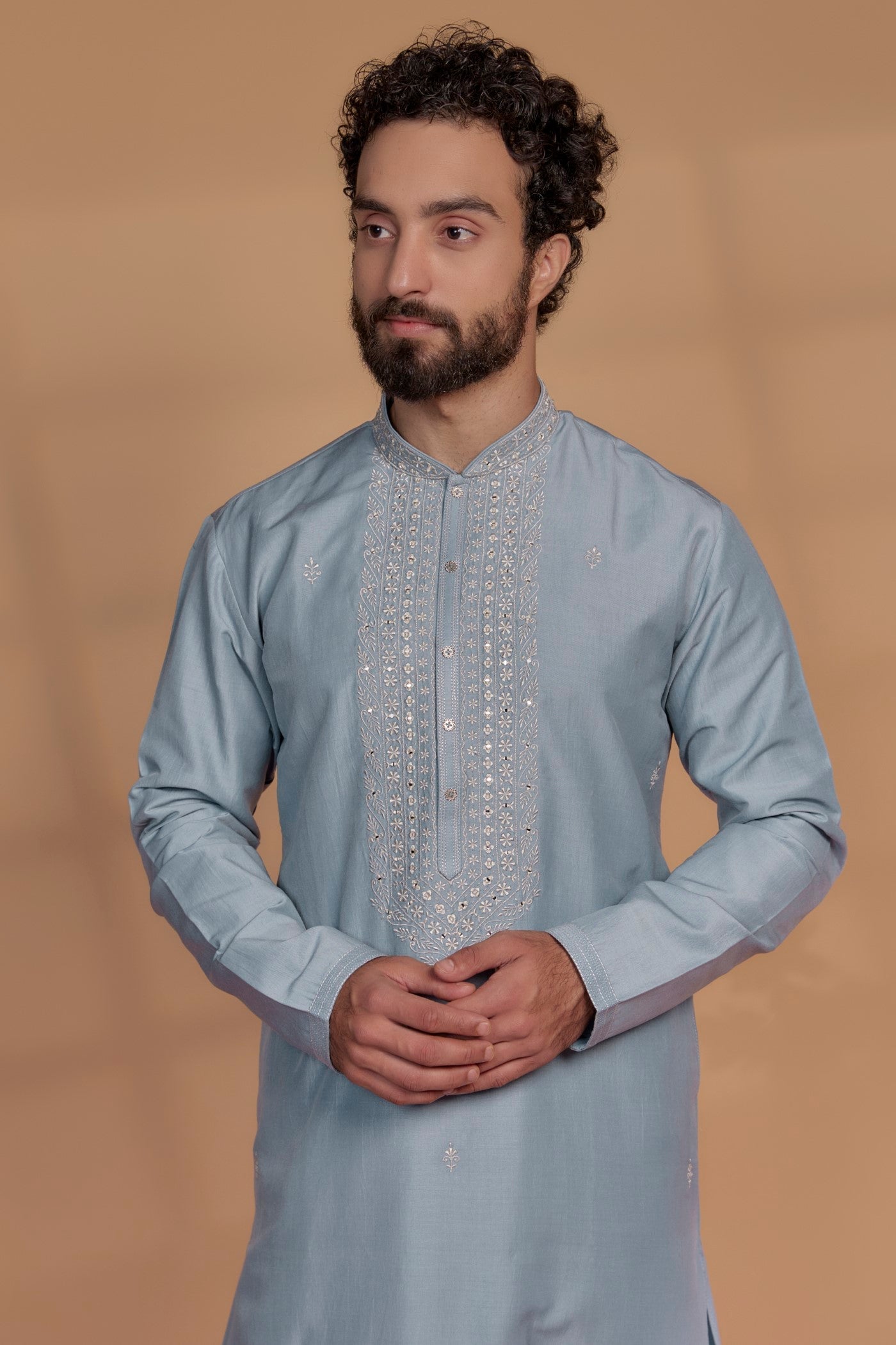 Sky Blue Silk Hand Embroidered Kurta