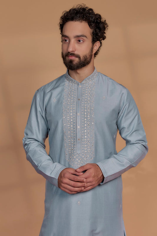 Sky Blue Silk Hand Embroidered Kurta