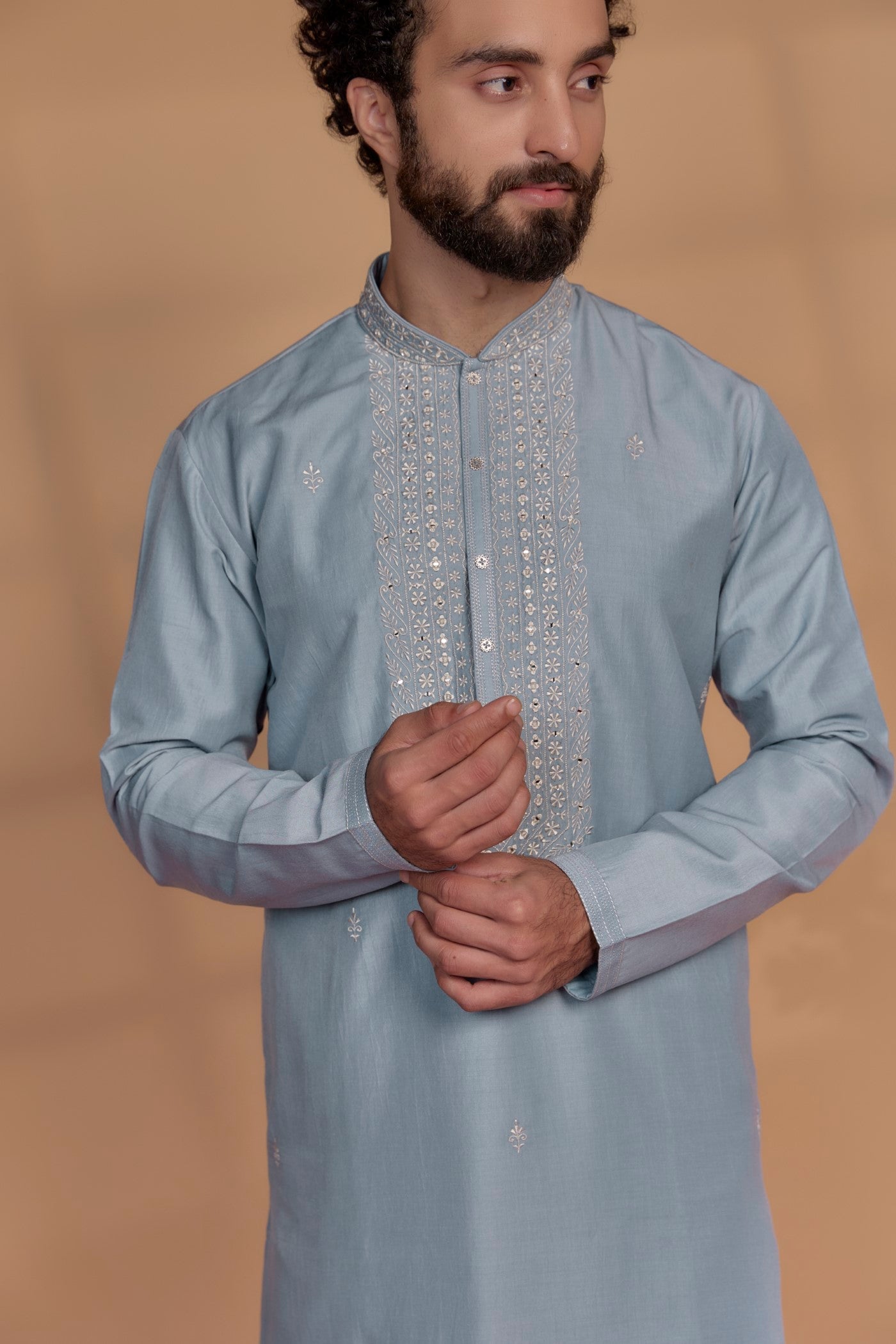 Sky Blue Silk Hand Embroidered Kurta