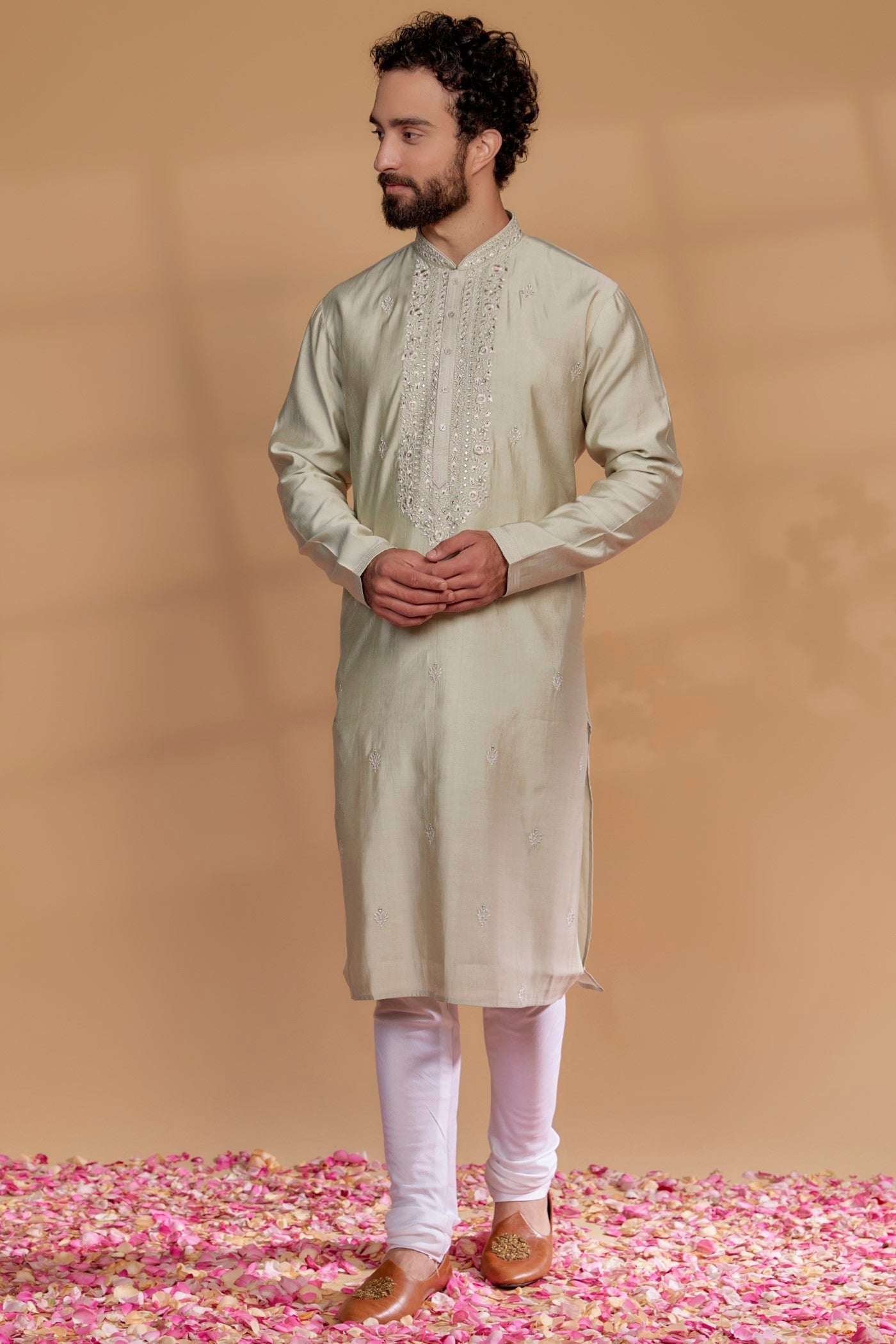 Sage green Silk Hand Embroidered Kurta Set