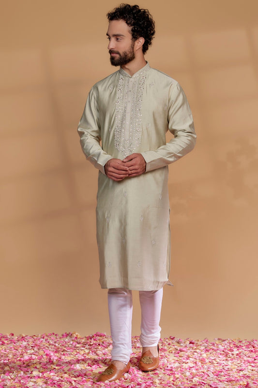 Sage green Silk Hand Embroidered Kurta Set