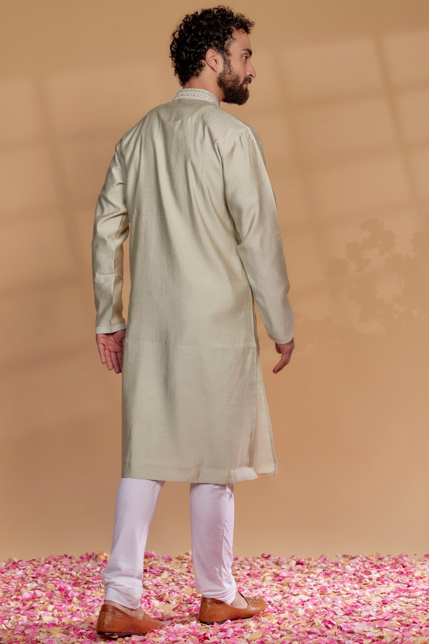 Sage green Silk Hand Embroidered Kurta Set