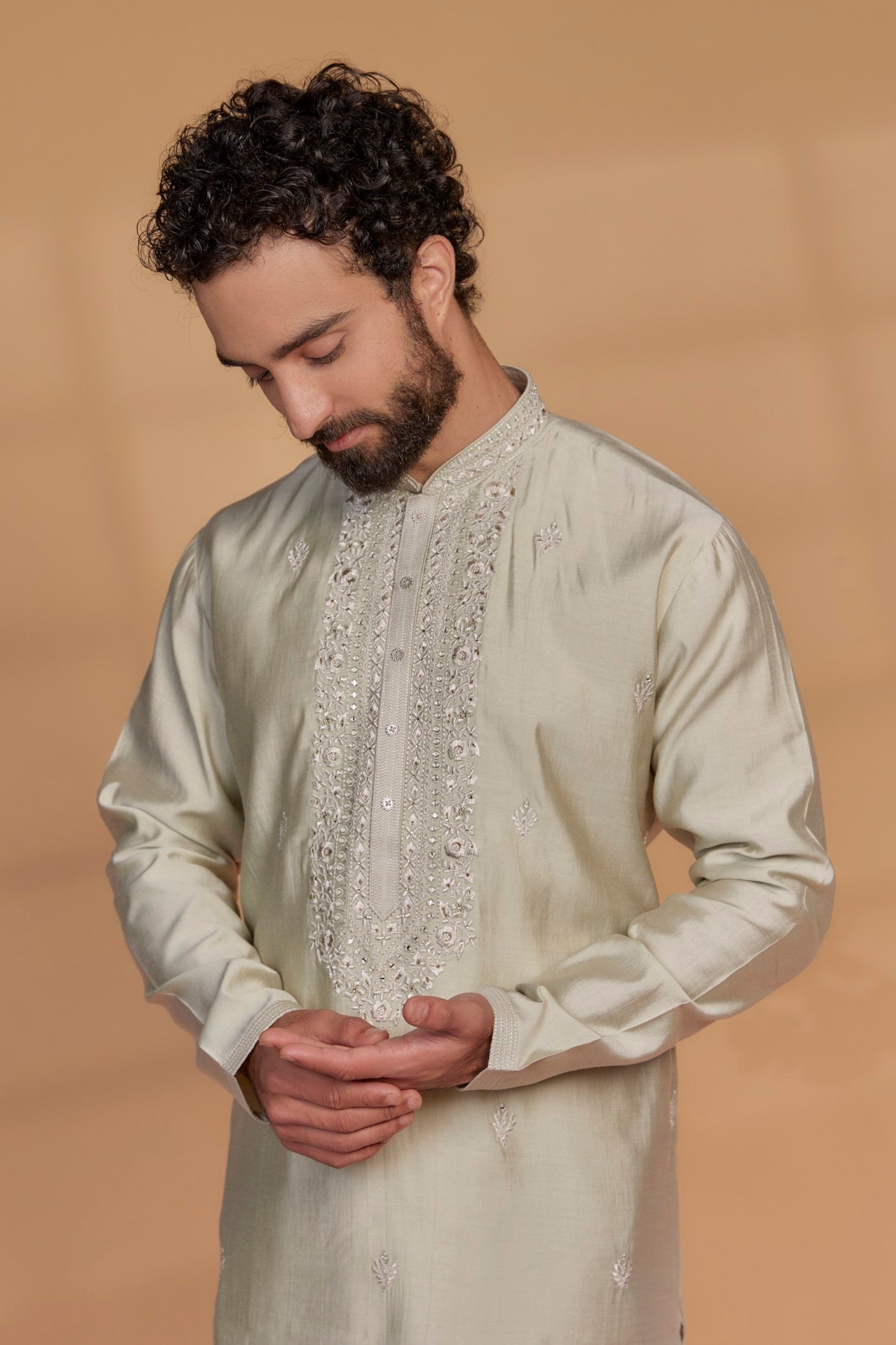 Sage green Silk Hand Embroidered Kurta Set