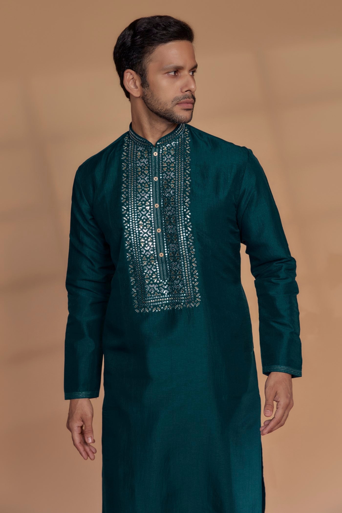 Persian Blue Silk Mirror Embroidered Kurta