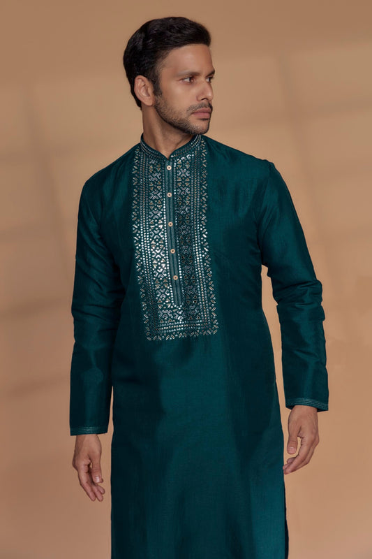 Persian Blue Silk Mirror Embroidered Kurta