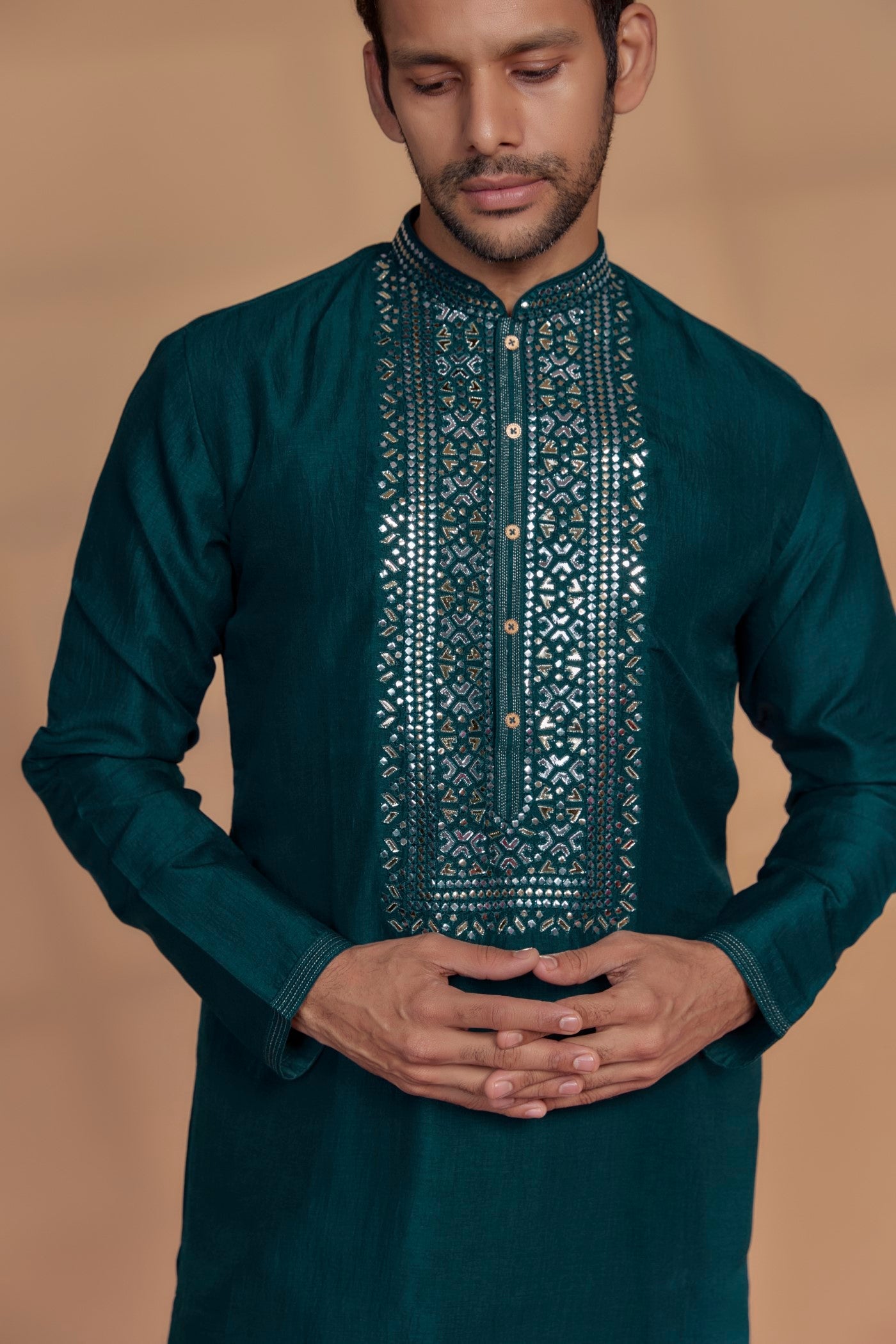 Persian Blue Silk Mirror Embroidered Kurta