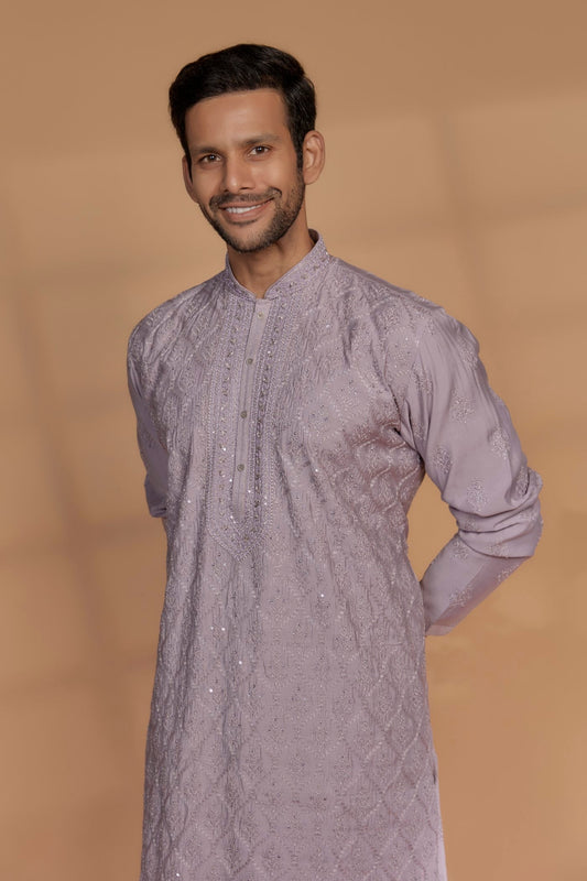 Lavender Banarasi Silk Thread Embroidered Kurta Set
