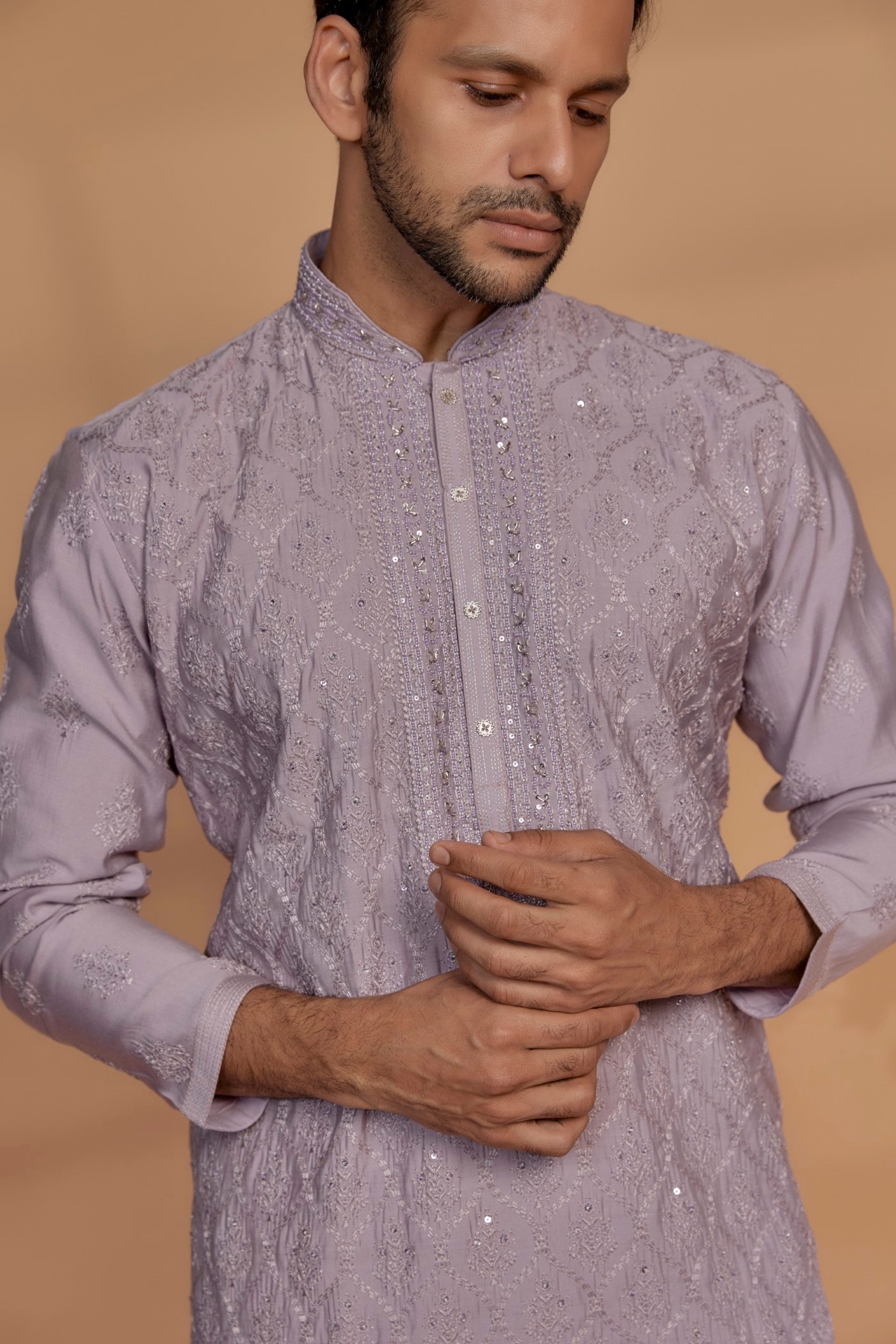 Lavender Banarasi Silk Thread Embroidered Kurta Set