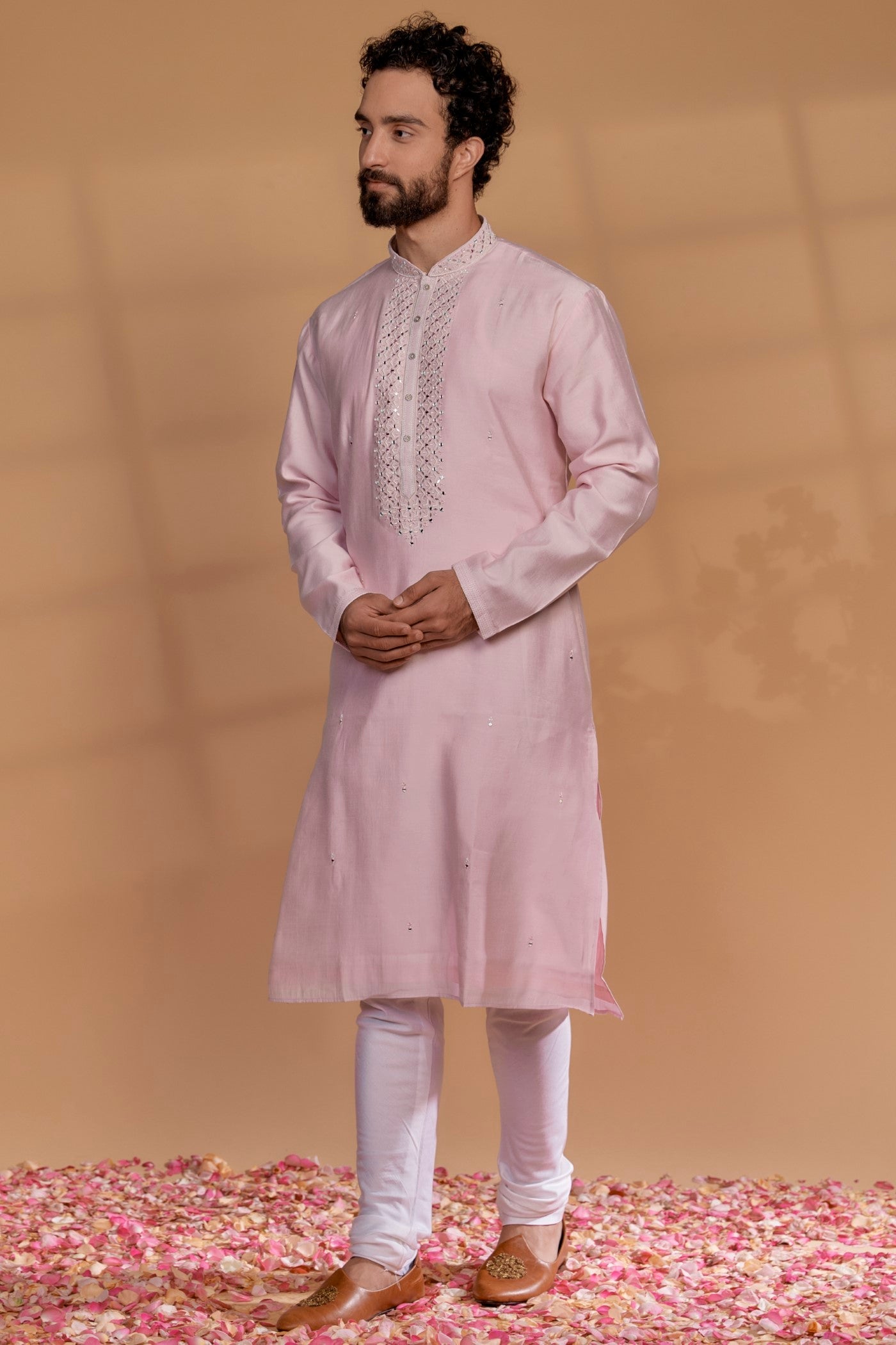 Carnation Pink Silk Mirror Embroidered Kurta Set