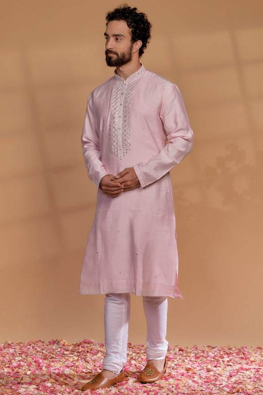 Carnation Pink Silk Mirror Embroidered Kurta Set