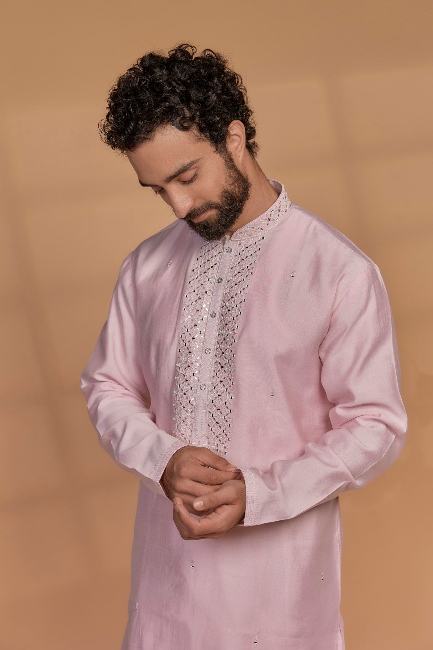 Carnation Pink Silk Mirror Embroidered Kurta Set