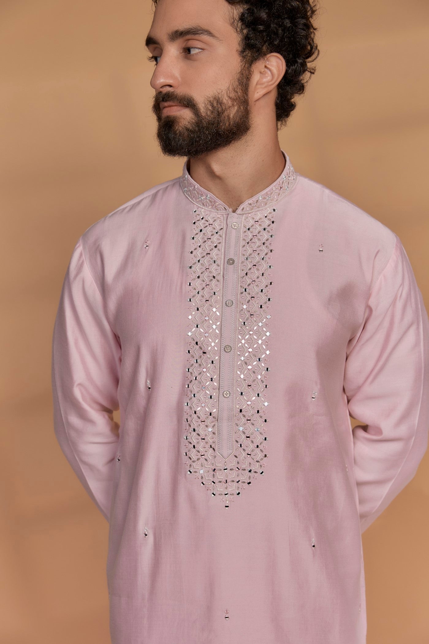 Carnation Pink Silk Mirror Embroidered Kurta Set