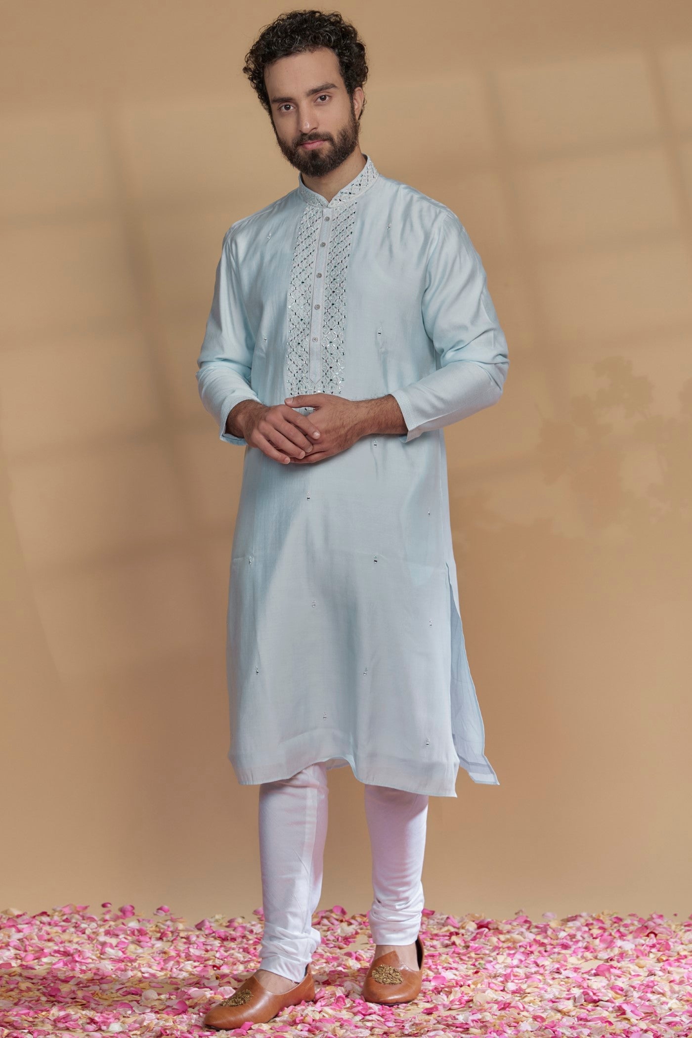 Powder Blue Silk Mirror Embroidered Kurta Set