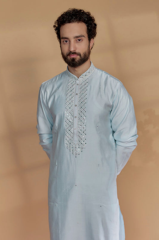 Powder Blue Silk Mirror Embroidered Kurta Set