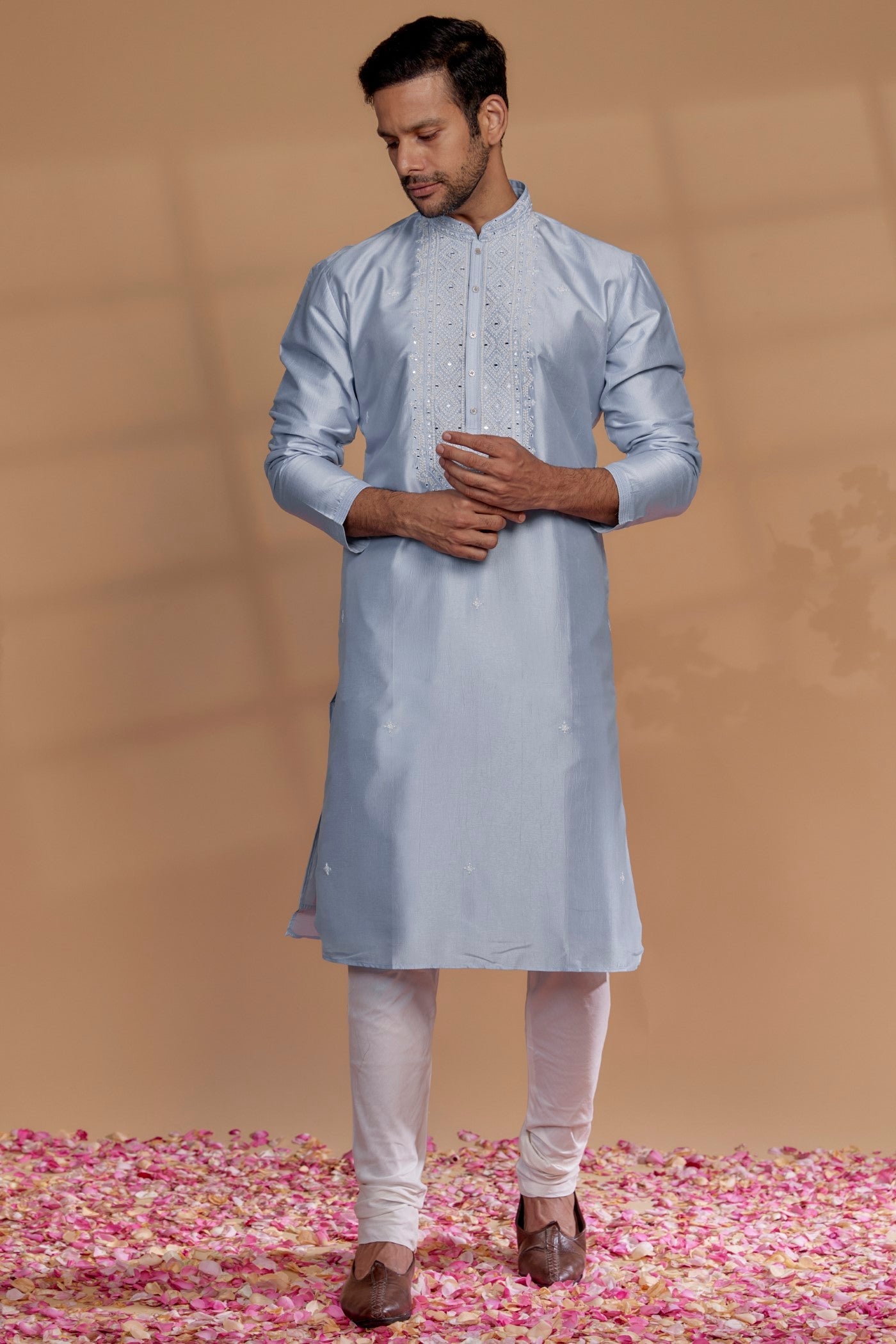Celestial Blue Banarasi Silk Thread Embroidered Kurta Set