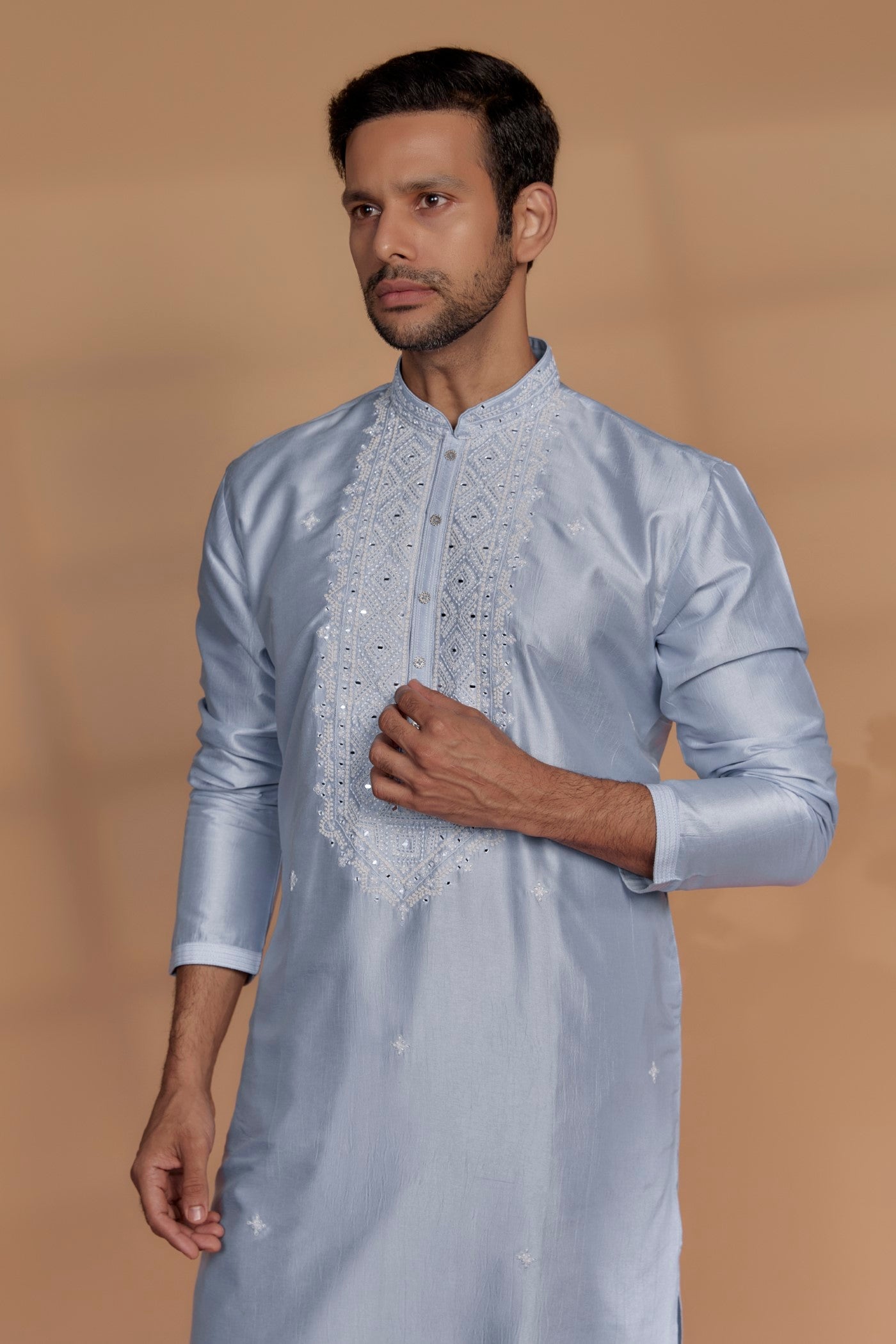 Celestial Blue Banarasi Silk Thread Embroidered Kurta Set