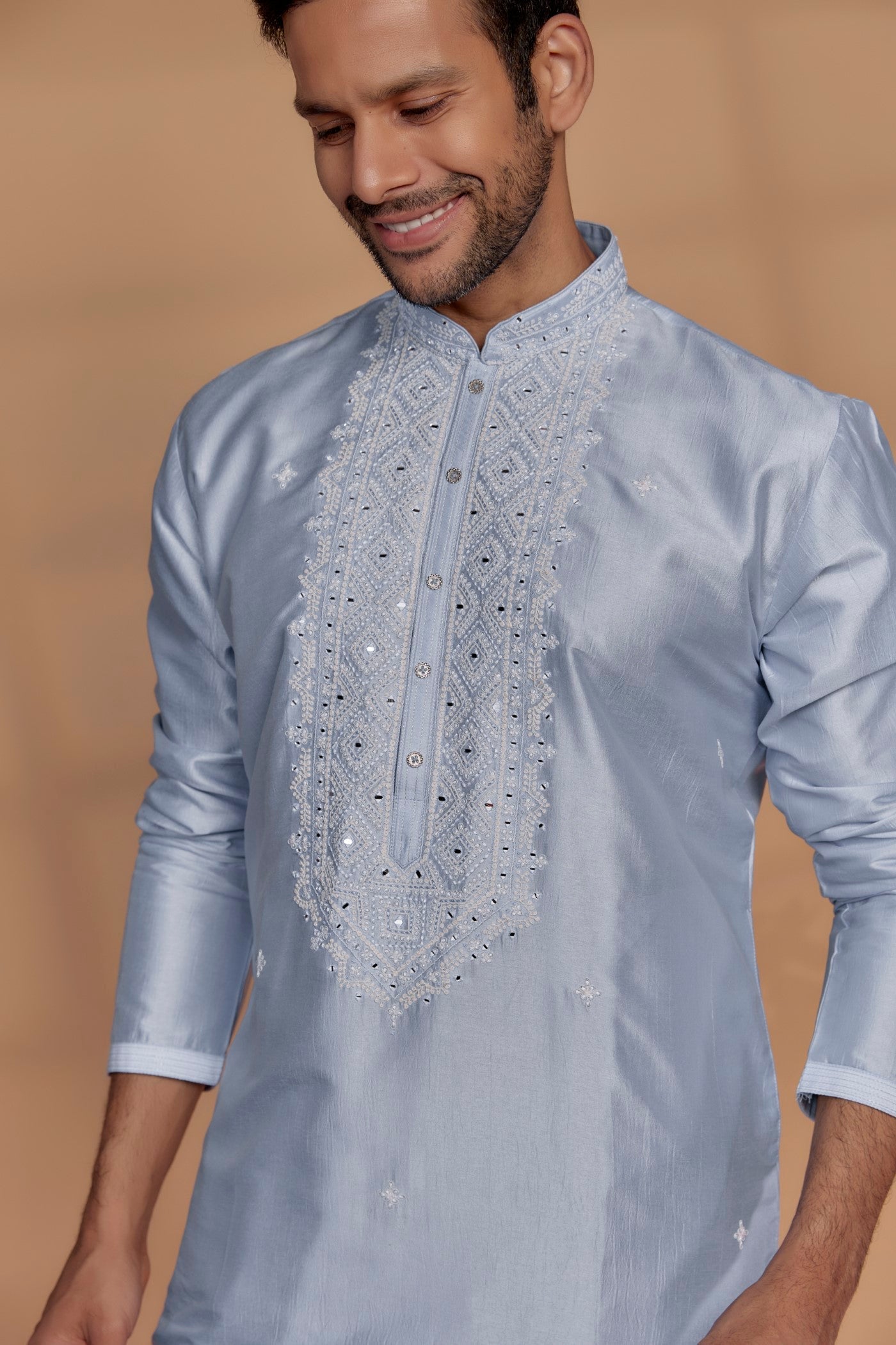 Celestial Blue Banarasi Silk Thread Embroidered Kurta Set