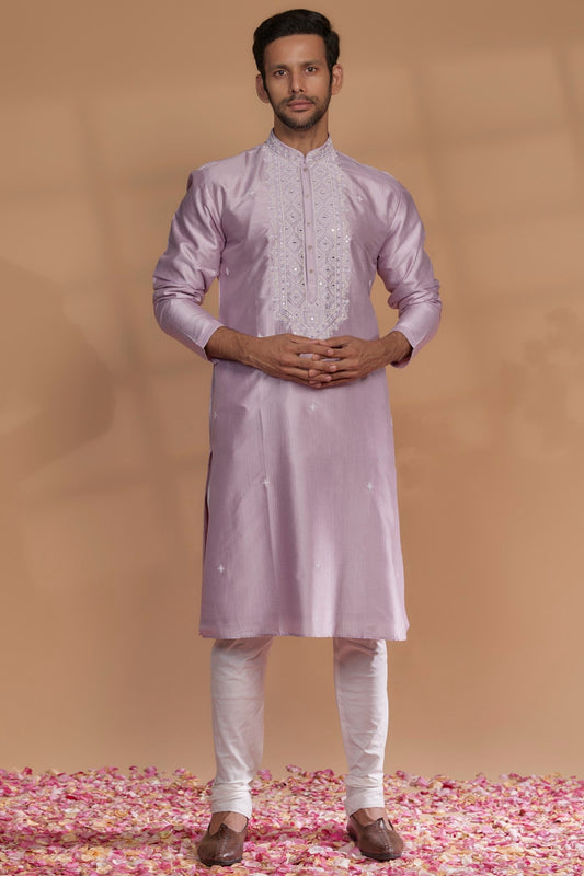 Soft Lilac Banarasi Silk Thread Embroidered Kurta Set