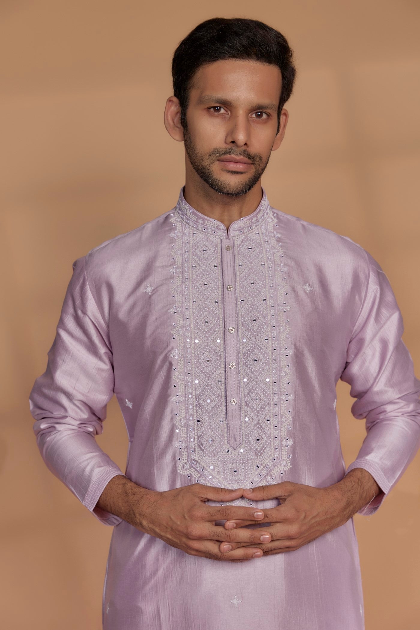 Soft Lilac Banarasi Silk Thread Embroidered Kurta Set