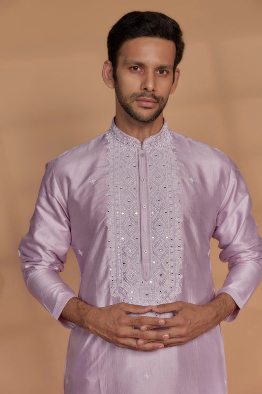 Soft Lilac Banarasi Silk Thread Embroidered Kurta Set