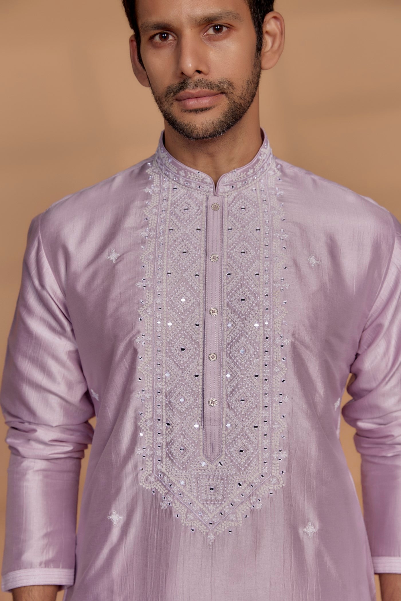 Soft Lilac Banarasi Silk Thread Embroidered Kurta Set