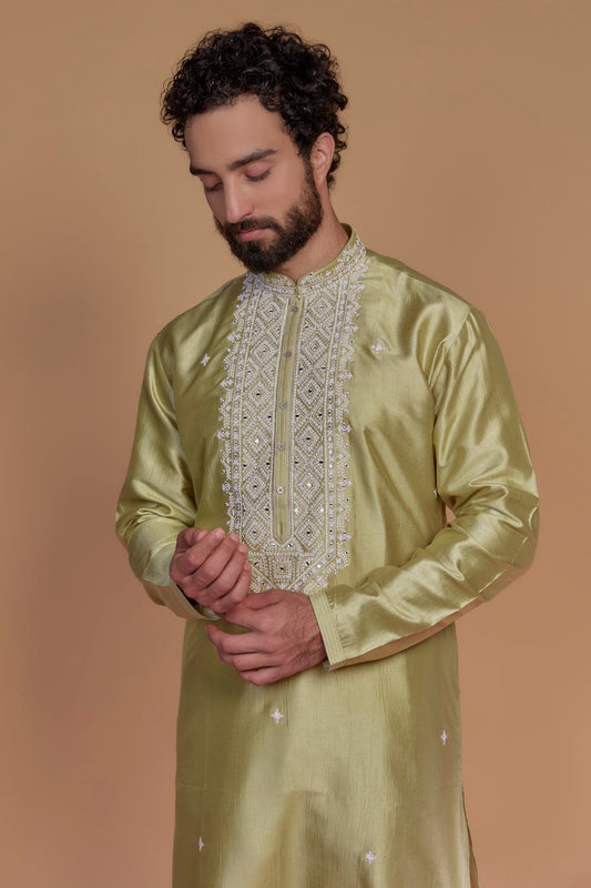 Rich Golden Banarasi Silk Thread Embroidered Kurta Set