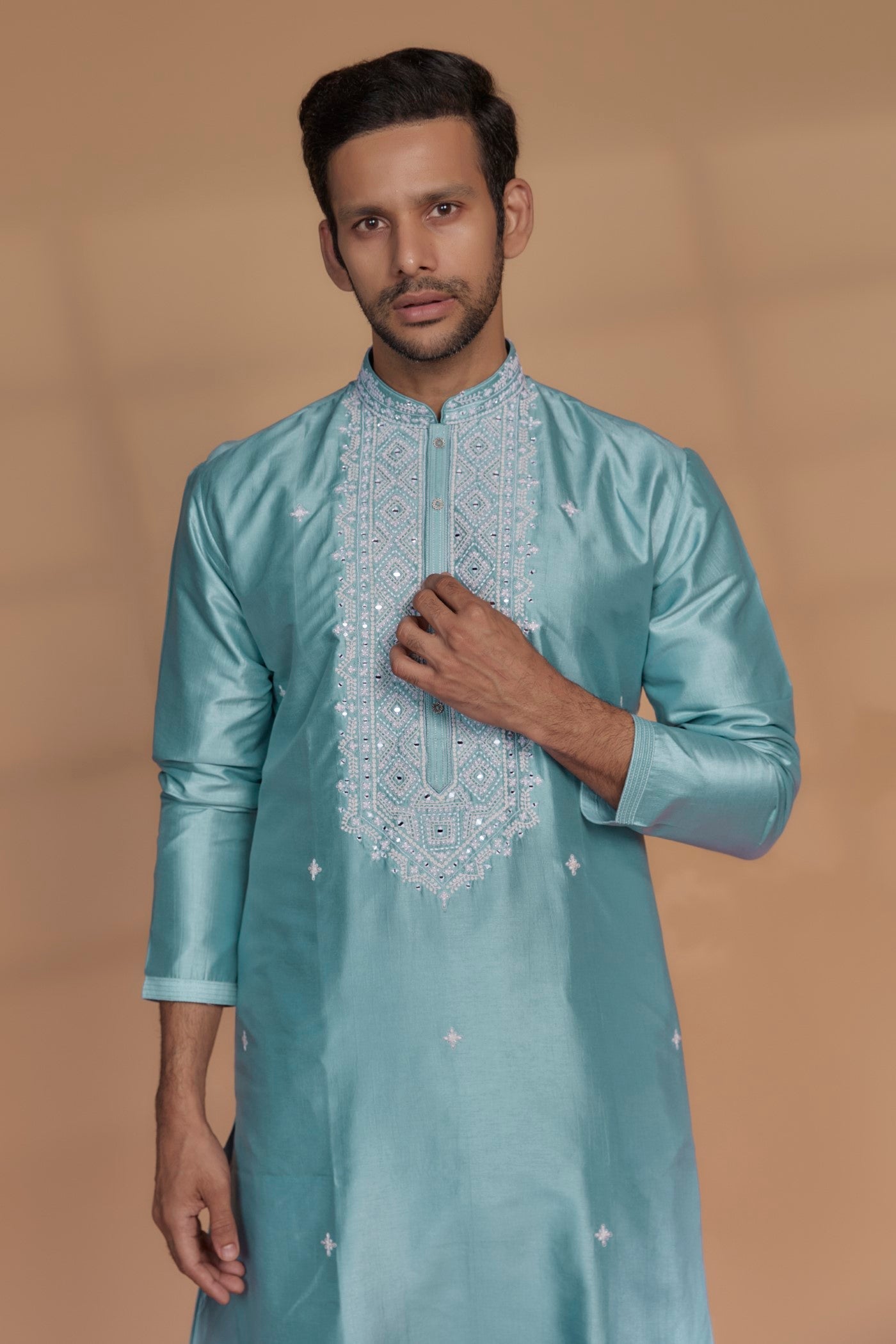 Firozi Blue Banarasi Silk Thread Embroidered Kurta Set